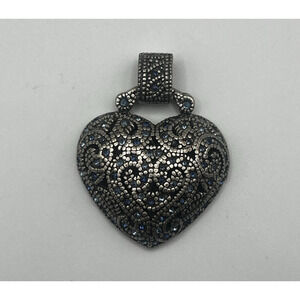 Filigree Puffy Heart Pendant Blue Stones Silver Tone Romantic Victorian Revival